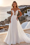 Cold Shoulder Ivory A Line Long Wedding Dress with Lace