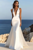 Ivory Deep V Neck Mermaid Satin Long Wedding Dress
