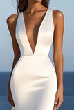 Ivory Deep V Neck Mermaid Satin Long Wedding Dress
