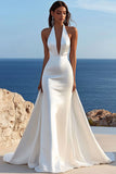 Simple Ivory Mermaid Halter Long Wedding Dress