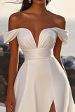 Off The Shoulder Ivory A Line Long Wedding Dress with Slit