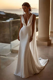 Simple Deep V Neck Mermaid Ivory Long Wedding Dress