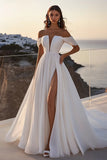 Off The Shoulder A Line Ivory Long Wedding Dress with Slit