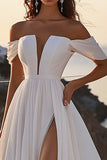 Off The Shoulder A Line Ivory Long Wedding Dress with Slit