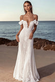 Mermaid Cold Shoulder Ivory Long Wedding Dress with Lace