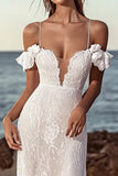 Mermaid Cold Shoulder Ivory Long Wedding Dress with Lace