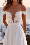 Ivory A Line Off The Shoulder Ruched Long Wedding Dress