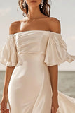 Ivory Off The Shoulder Satin Long Wedding Dress with Ruffles