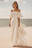 Ivory Off The Shoulder Satin Long Wedding Dress with Ruffles
