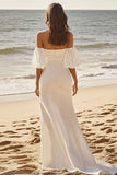 Ivory Off The Shoulder Satin Long Wedding Dress with Ruffles