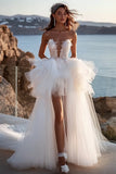 lvory A Line Strapless Ruffles Tulle Lace Long Wedding Dress