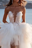 lvory A Line Strapless Ruffles Tulle Lace Long Wedding Dress