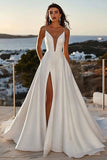 Ivory A Line Spaghetti Straps Satin Ruched Long Wedding Dress with Slit