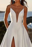 Ivory A Line Spaghetti Straps Satin Ruched Long Wedding Dress with Slit