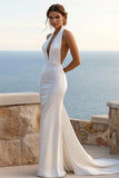 Ivory Mermaid Halter Cut Out Satin Long Wedding Dress