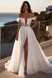 Ivory Off the Shoulder Lace Appliqued Wedding Dress with Slit
