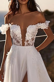 Ivory Off the Shoulder Lace Appliqued Wedding Dress with Slit