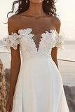 Off the Shoulder Ivory Long Wedding Dress with Appliques