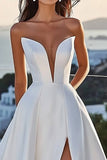 Ivory Satin A Line Strapless Long Wedding Dress with Slit