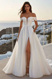 Ivory A Line Off the Shoulder Pleated Long Wedding Dress with Slit