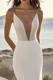 Ivory Deep V Neck Satin Mermaid Long Wedding Dress