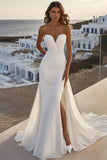 Ivory Strapless Mermaid Ruched Long Wedding Dress with Slit