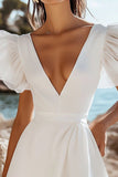 White Ruffle Sleeve V-Neck Graduation Dress