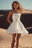 White Spaghetti Straps A Line Mini Dress With Belts