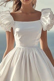 White Puff Sleeve A Line Satin Graduation Dress