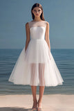 White A Line Boat Neck Tulle Party Dress