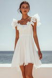 White Ruffled A Line Chiffon Graduation Dress
