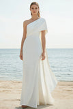 One Shoulder White Sheath Satin Wedding Guest Dress