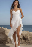 White Ruched Ruffle Asymmetrical Party Dress