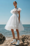 White A Line Ruffled Tulle Graduation Dress with Cap Sleeves