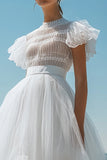 White A Line Ruffled Tulle Graduation Dress with Cap Sleeves