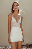 White Sheath V-Neck Graduation Dress With Sequins
