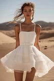 White A Line Spaghetti Straps Mini Dress With Belts