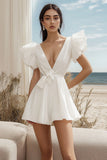 White Ruffle Sleeve V-Neck A Line Mini Dress