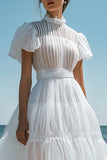 Stylish A Line Pleated White Graduation Dress