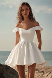 Off The Shoulder White Satin A Line Graduation Dress