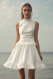 White High Neck A Line Mini Dress With Ruffles