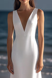 White V-Neck Sheath Satin Graduation Dress