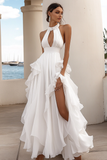 Halter White Keyhole Ruffled Formal Dress With Slit