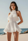 Halter Sleeveless Organza Ruffles Little White Dress