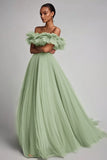 Dusty Sage Off The Shoulder A Line Tulle Bridesmaid Dress