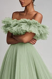 Dusty Sage Off The Shoulder A Line Tulle Bridesmaid Dress