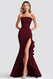 Burgundy Strapless Mermaid Satin Formal Dress With Slit