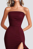 Burgundy Strapless Mermaid Satin Formal Dress With Slit