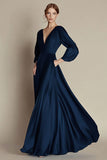 Navy A Line V Neck Long Sleeves Formal Dress