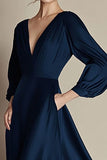 Navy A Line V Neck Long Sleeves Formal Dress